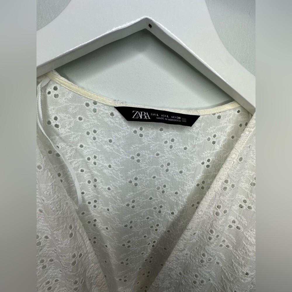 Zara White Lace Eyelet Boho Coastal Cottagecore Prairie Midi Dress Size Large - Picture 10 of 17